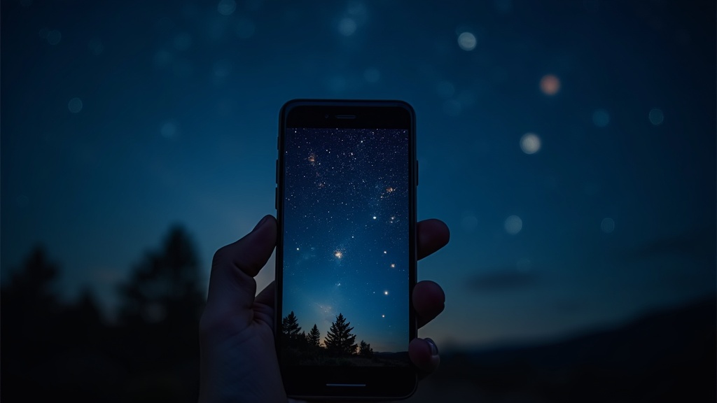 A smartphone displaying a stargazing app while pointed at a clear night sky with stars and constellations.